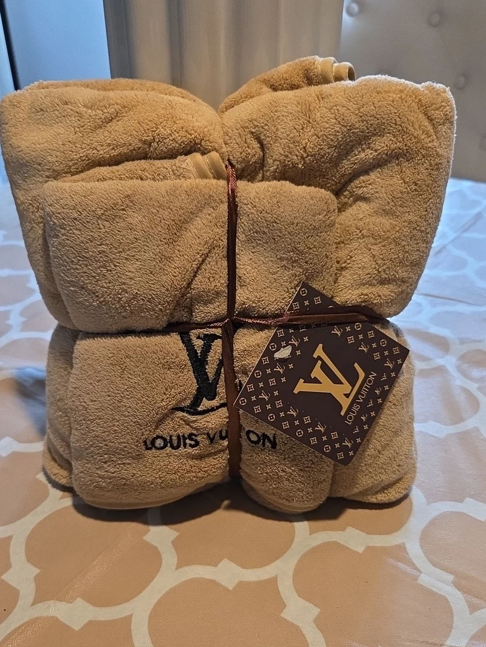 Louis Vuitton Embroidered Tan Plush Towel Set